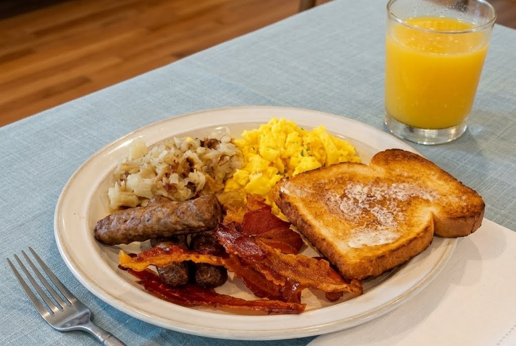 Plate of toast, bacon and eggs<br />
